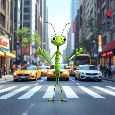 The primary subject of the image is a green insect, possibly a grasshopper, standing in the middle of a busy city street. The setting includes a crosswalk, cars, and traffic lights, creating a bustling urban environment. The visual style of the image is a combination of photo and digital art, giving it a unique and creative appearance. The colors and mood of the image are lively and energetic, with the green insect as the focal point amidst the city's hustle and bustle